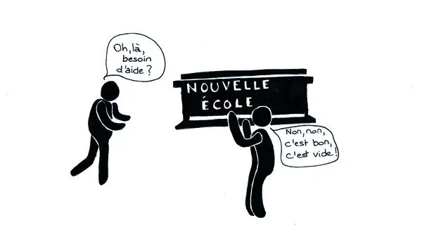 Dessin : le panneau « Nouvelle École » et une bêche — le collectif rend son tablier