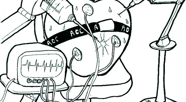 Dessin : une pomme transformée en créature de Frankenstein, seringue et câbles électriques