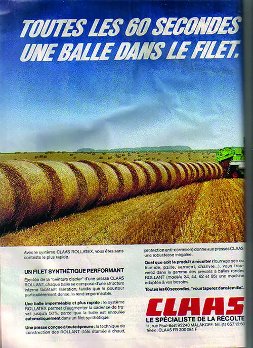 Publicité ancienne Claas : « Toutes les 60 secondes, une balle dans le filet ! »