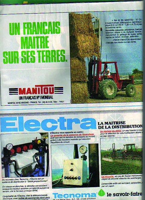 Publicités anciennes : matériel Manitou « Un Français maître sur ses terres » et débroussailleuse Electra