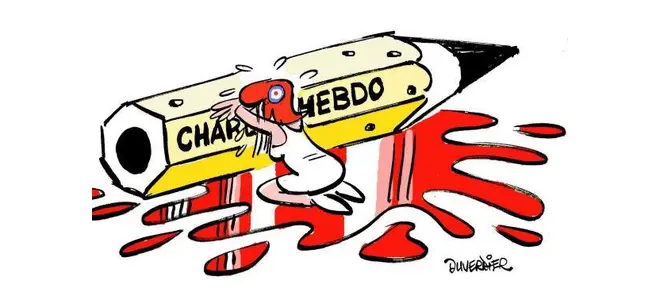 Dessin de Dubuisson : un avion marqué « Charb » largue un crayon « Mebdo »