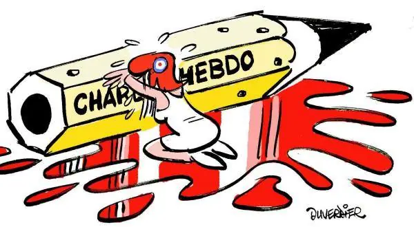 Dessin de Dubuisson : un avion marqué « Charb » largue un crayon « Mebdo » sur une éclaboussure rouge
