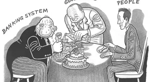 Dessin : « Système bancaire, gouvernements, peuple » attablés autour d’un gâteau