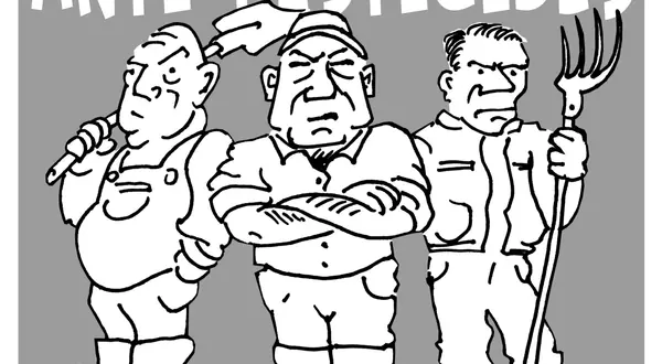 Dessin : trois agriculteurs en colère, affiche « Manifestation anti-pesticides annulée »