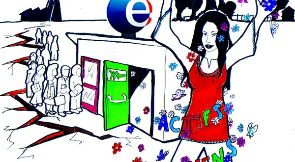 Dessin : un téléviseur où défilent les chômeurs, face à une femme qui danse