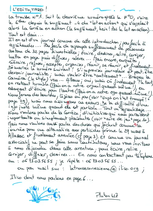 L’édito manuscrit du n°1, signé Pluton 427