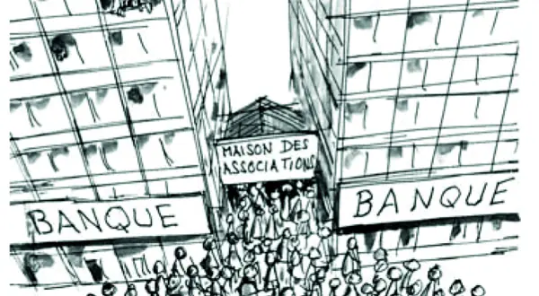 Dessin : une foule devant les tours « Banque » et la Maison des associations — « Ça ne désemplit pas ! »