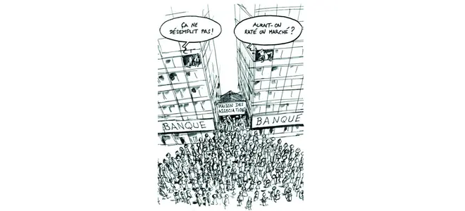 Dessin : une foule devant les tours « Banque » et la Maison des associations