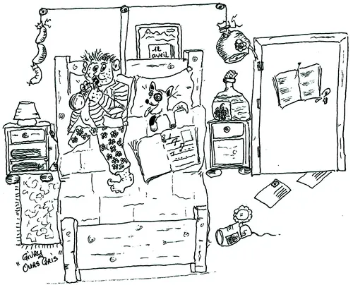 Dessin : une chambre en désordre, entre bouteilles, télé et paperasse