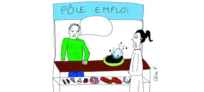 Dessin de Céline P. : un demandeur d’emploi au guichet de Pôle emploi