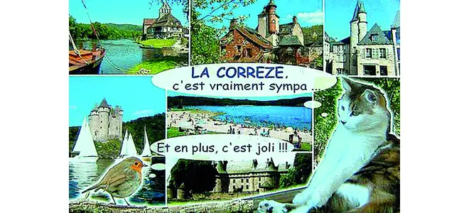 Carte postale « La Corrèze c’est vraiment sympa… et en plus, c’est joli ! », avec un chat et des paysages corréziens.