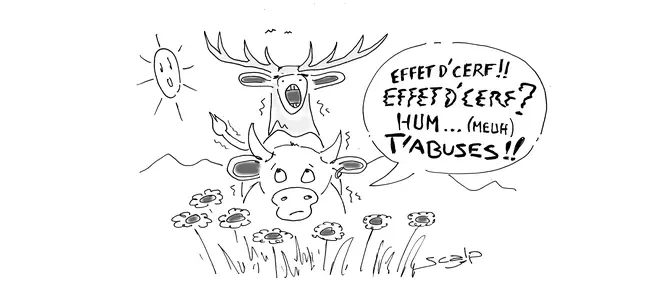 Dessin humoristique d’un cerf entouré de fleurs, pour l’article sur le cerf de La Porcherie.