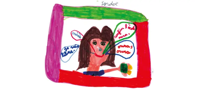 Dessin d’enfant pour « L’école est finie » : une petite fille et des mots colorés.