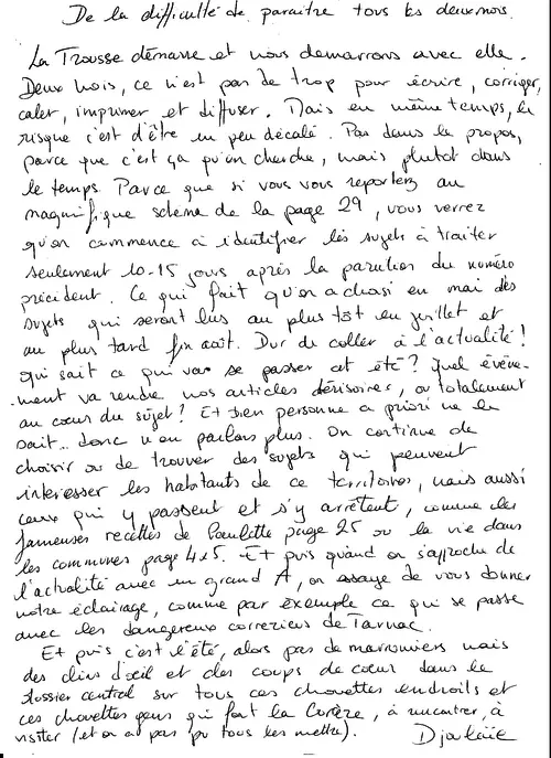 L’édito manuscrit du n°2, signé Djoulaïe : « De la difficulté de paraître tous les deux mois »