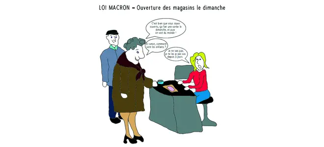 Dessin humoristique sur la loi Macron : un commerçant et une cliente dans une boutique le dimanche.