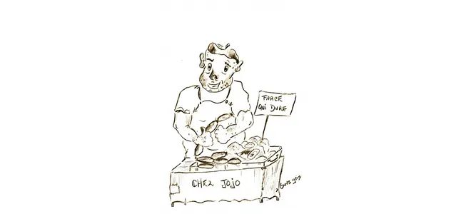 Dessin humoristique d’un producteur tenant une saucisse, avec une pancarte « Farce qui dure ».