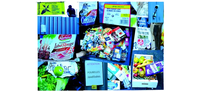 Montage photo de la récupération dans les poubelles des supermarchés : fruits, légumes et produits emballés.