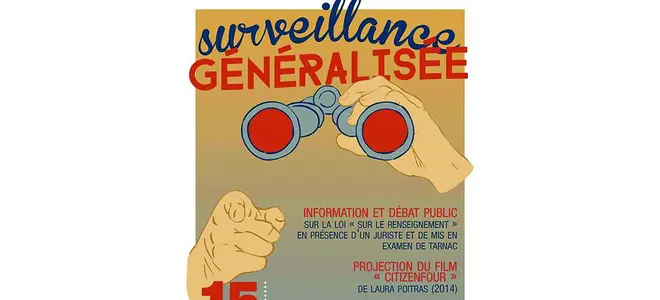 Affiche « Surveillance généralisée » : des jumelles braquées sur un texte, pour une soirée d’information et de débat.