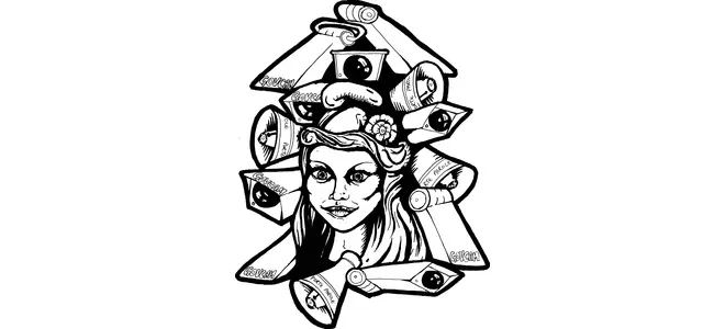 Dessin en noir et blanc : un visage de femme entouré de caméras de surveillance.