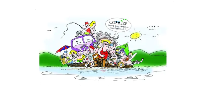 Dessin humoristique : une famille de touristes entassée dans une voiture, avec la mention « En Corrèze, c’est vraiment sympa… et en plus, c’est joli ! ».