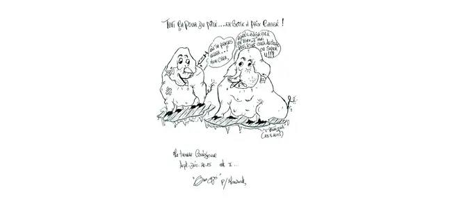 Dessin humoristique de deux cochons sur un plateau, avec les mots « Tout ça pour du pâté… en boîte à prix cassé ! ».