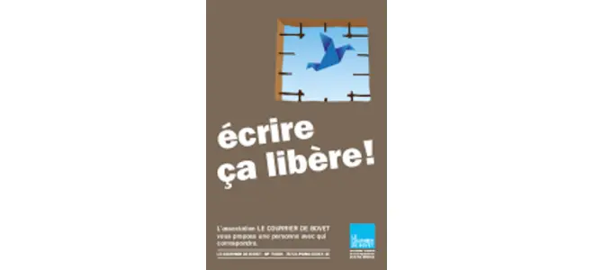 Affiche du Courrier de Bovet : une fenêtre avec un oiseau en origami et le slogan « Écrire, ça libère ! ».