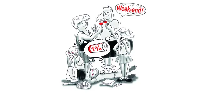 Dessin de presse : un personnage brandit une canette « 1 % » devant une usine, avec le mot « Week-end ! ».