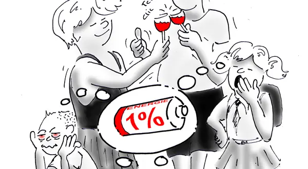 Illustration de Scalp pour l’édito du n°3 : « Week-end ! » — parents détendus, enfants à 1 % d’énergie.