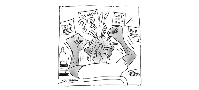 Dessin de presse : un personnage submergé par les papiers administratifs (DDCSPP, DDF, SDIS).