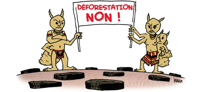 Dessin humoristique de deux morpions sur un pubis, avec une pancarte « Déforestation non ! ».