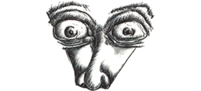 Dessin du p’tit coin : un visage aux grands yeux écarquillés, sur fond blanc.