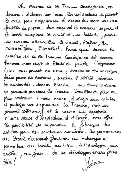 L’édito manuscrit du n°11, par Yoéva