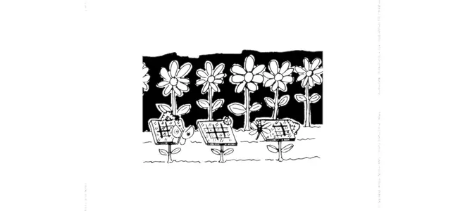 Illustration en noir et blanc d’un village du plateau : maisons, coquelicots, un chat et un escargot, par Kamal
