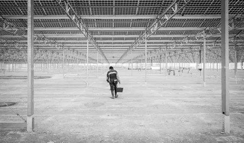 Sous les serres photovoltaïques du site des Marottières (Maine-et-Loire) : une vaste structure métallique vide, une personne au loin