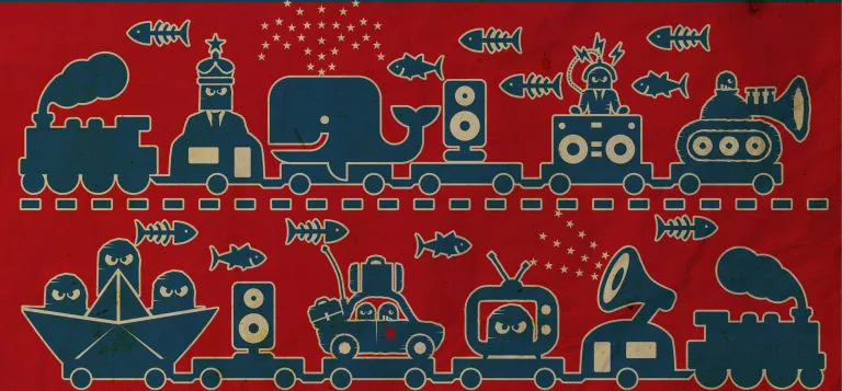 Illustration graphique rouge : des engins et des animaux stylisés