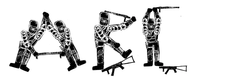 Dessin au pochoir : trois personnages brandissant des outils