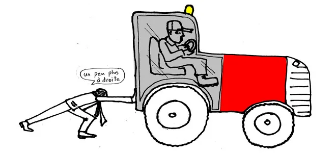 Dessin humoristique illustrant les élections des chambres d’agriculture : un homme en costume tente de pousser un tracteur, guidant maladroitement le conducteur avec "un peu plus à droite". Représentation ironique des influences politiques et des enjeux lors de ces élections cruciales pour l’agriculture.